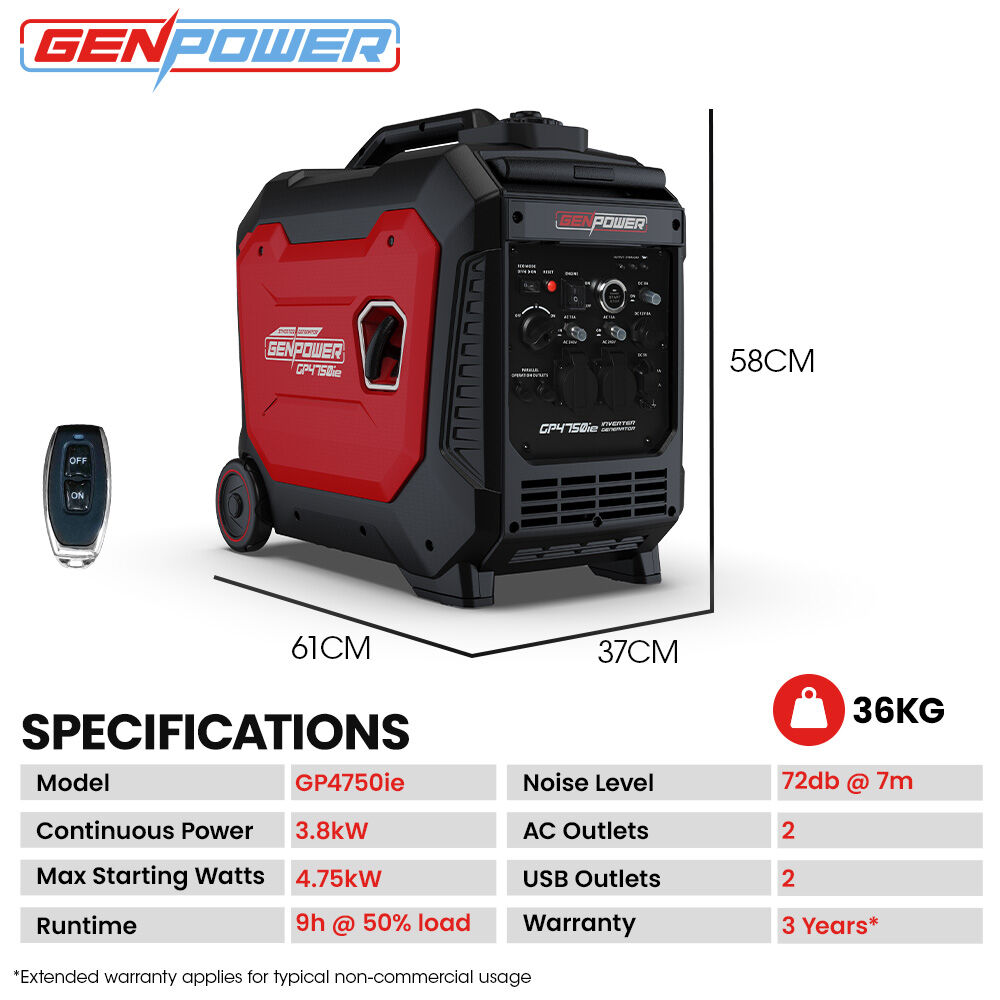 4.7kW Peak 3.8kW Inverter Generator | Push Button & Remote Start, Portable w/ Wheels, Camping, Backup, Mobile A/C| GENPOWER