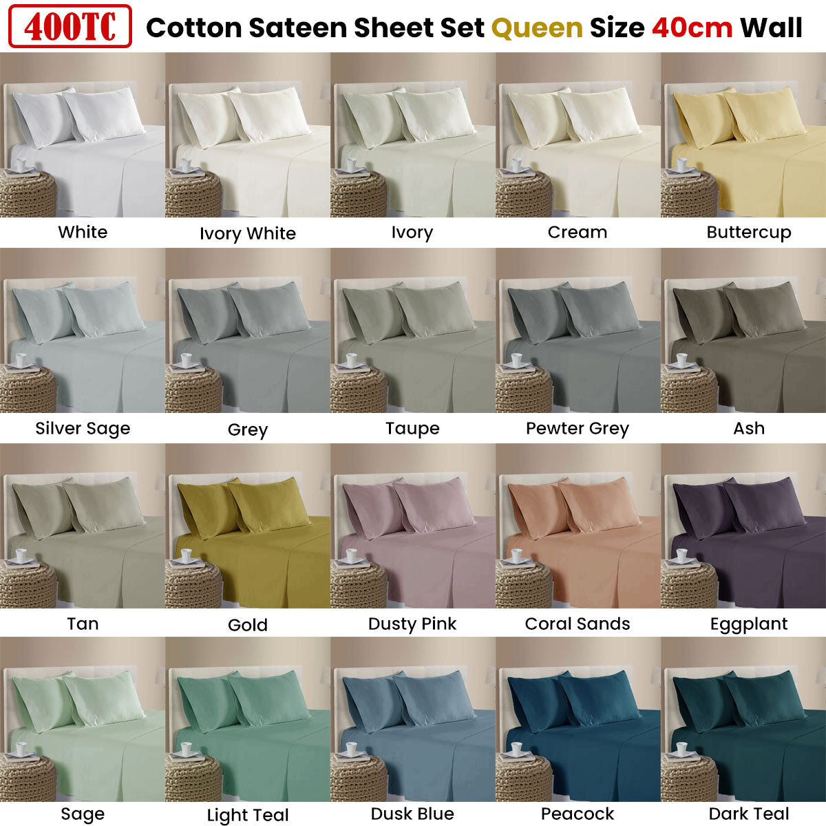 400TC 100% Cotton Sateen Premium Sheet Set 40cm Wall Cream Queen