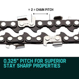 Close-up view of 0.325 inch pitch and 0.058 inch gauge drive links on an 18 inch saw chain
