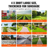 Grid of various landscaping applications of 1.2m x 91.4m weed mat including flower beds, gravel paths, and driveways
