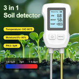 Digital 3-in-1 soil detector showing pH, moisture, and temperature readings