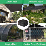 Black 3x6m shade net secured with eyelets overhead to provide shade coverage over veggie patch, chicken coop, greenhouse, pergola and a garden frame.