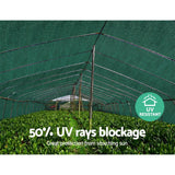 3.66m wide green 50 percent shade cloth installed over a raised garden bed and greenhouse structure protecting plants and crops