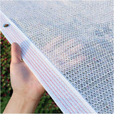 Close up detail of 55 percent white polyethylene shade mesh featuring 6-thread cloth edging and aluminium eyelets spaced every 3.3 feet
