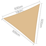 Diagram showing 5m x 5m x 5m equilateral triangle sand shade sail dimensions and corner anchor layout.