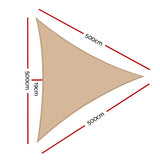 Dimension diagram showing 5m by 5m by 5m equilateral triangle sand waterproof shade sail layout and corner anchor points.