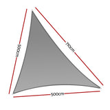Diagram showing 5m x 5m x 7.1m right-angle triangle grey shade sail dimensions and corner points.