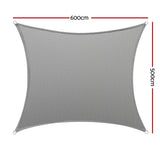 Diagram showing 5m by 6m rectangular grey shade sail layout and corner anchor points.