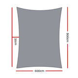 Dimension diagram showing 6m by 8m rectangular grey shade sail layout and corner anchor points.