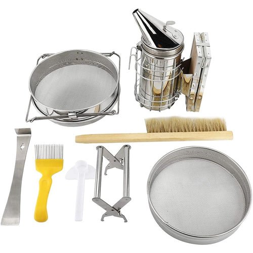  - 7 Pcs Beekeeping Tool Kit Including Honey Strainer, Frame Grip, J - Hook tool, Entrance Feeder - Garden Yard