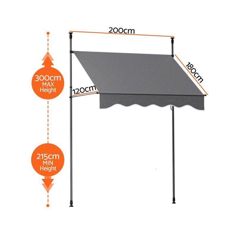 Instahut Window Fixed Pivot Arm Awning Outdoor Door Canopy 2X1.8M Grey