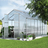 Aluminium polycarbonate greenhouse 4.1x2.5m with double doors open and roof vents in Australian backyard