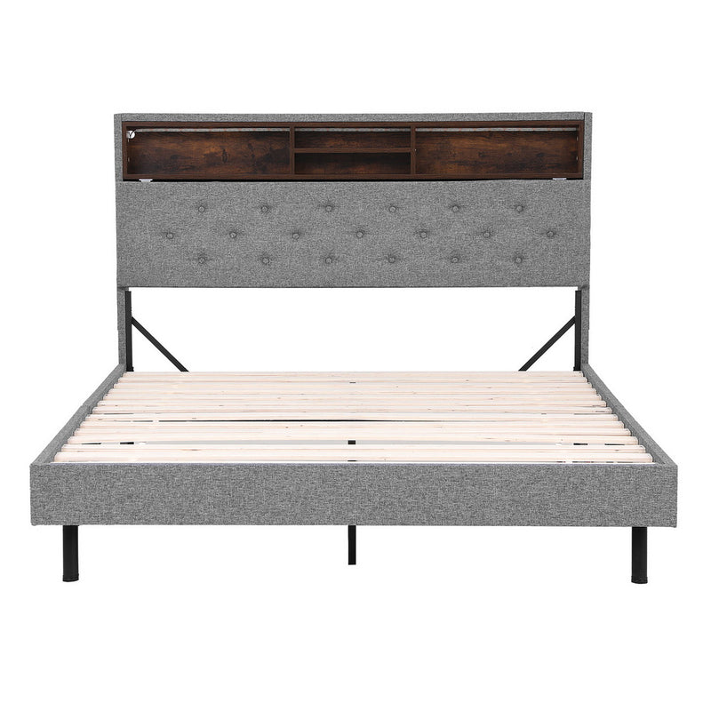 Artiss Bed Frame Double Size LED Mattress Base Platform with Storage Shelf Hidden Storage Box Grey