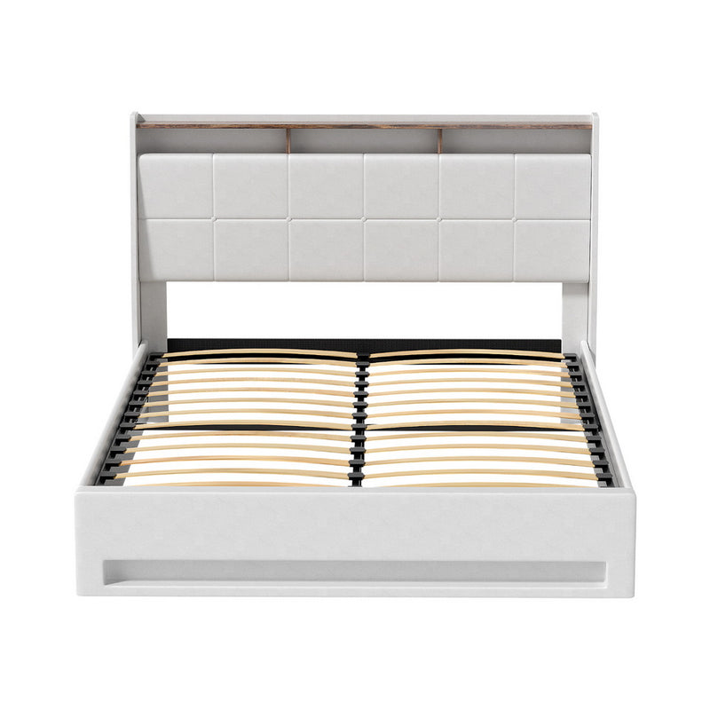 Artiss Bed Frame Gas Lift LED Beds Base Platform White PVC Leather Storage Headboard - Queen