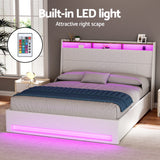 Artiss Bed Frame Gas Lift LED Beds Base Platform White PVC Leather Storage Headboard - Queen