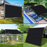 Black privacy screen used in various outdoor settings including a house, pool area, and dog kennel.