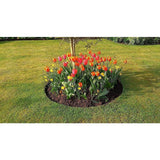 Circular metal tree edging installed around a garden shrub as a root protector
