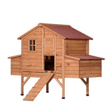 Close-up of the integrated nesting box with openable lid for easy egg collection