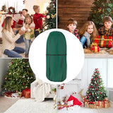 Collage of Christmas scenes with a green Christmas tree bag cover in the center.
