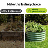 Comparison of an old rotting wood planter and modern galvanised steel planter with plants.