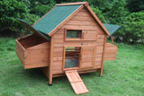 Extra large wooden chicken coop for up to 10 hens with asphalt roof and cedar finish.
