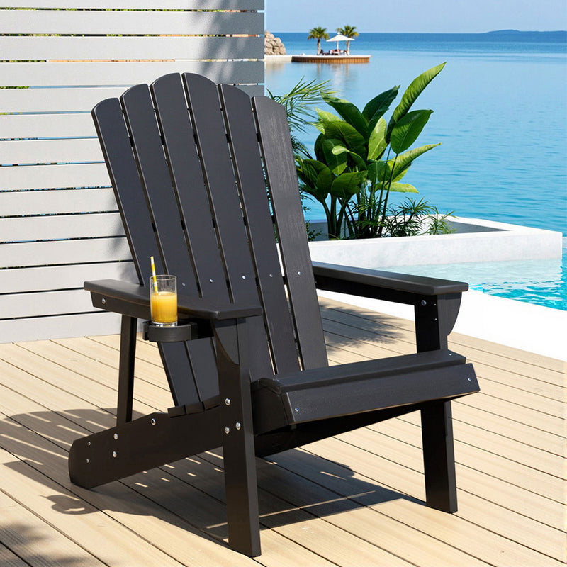 Gardeon Outdoor Chairs HDPE Adirondack Beach Chair Sun Lounge Patio Furniture Garden Black