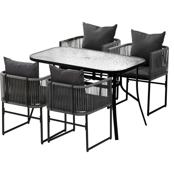 Gardeon 5PCS Outdoor Dining Set Table and Chairs Rope Patio Furniture Garden Black