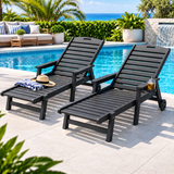 2PCS Sun Lounge Lounger Beach Chair HDPE Patio Outdoor Furniture with Wheels Black