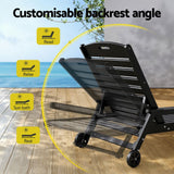 2PCS Sun Lounge Lounger Beach Chair HDPE Patio Outdoor Furniture with Wheels Black