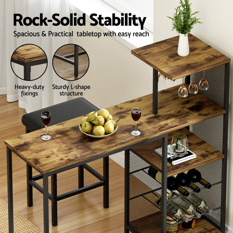 Artiss Industrial Bar Table with Wine Rack Cup Holder Multi-Level Storage 122cm Walnut