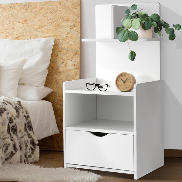 Artiss Bedside Table 1 Drawer with Shelves - EVERMORE White