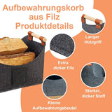 Felt storage log basket with wooden handles on an orange background, showing product details.
