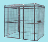 Front view of the 219cm wide walk-in wrought iron pet bird aviary in black silver.
