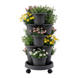 5 Tier Vertical Garden Planter, Stackable Planters with 4 Wheels, Black, Raised Garden Bed, Garden Tower Indoor Outdoor, Auto Drainage System, for Strawberries, Herbs, Flower, Vegetables