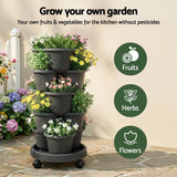 5 Tier Vertical Garden Planter, Stackable Planters with 4 Wheels, Black, Raised Garden Bed, Garden Tower Indoor Outdoor, Auto Drainage System, for Strawberries, Herbs, Flower, Vegetables