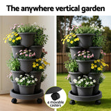 5 Tier Vertical Garden Planter, Stackable Planters with 4 Wheels, Black, Raised Garden Bed, Garden Tower Indoor Outdoor, Auto Drainage System, for Strawberries, Herbs, Flower, Vegetables