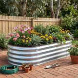 Raised Garden Bed Galvanised Oval Metal Planter Box Large Outdoor 120x60x30cm Silver