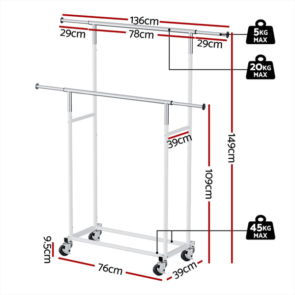 Artiss Clothes Rack Double Rod Airer Rail Coat Stand Adjustable Hanger