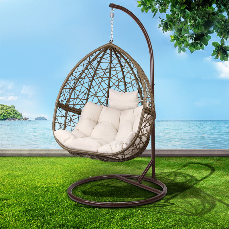 Gardeon Outdoor Egg Swing Chair Wicker Rattan Furniture Pod Stand Cushion Latte
