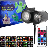 Halloween-themed light projector with remote control and display of LED lights.