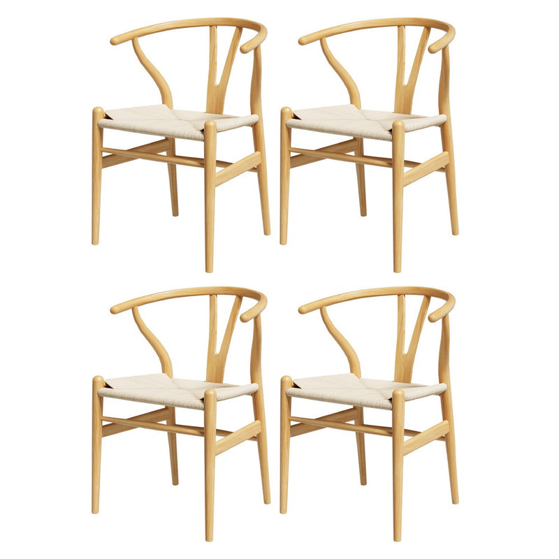 1 Set of 4 Artiss Dining Chairs Wooden Rattan Seat Wishbone Back