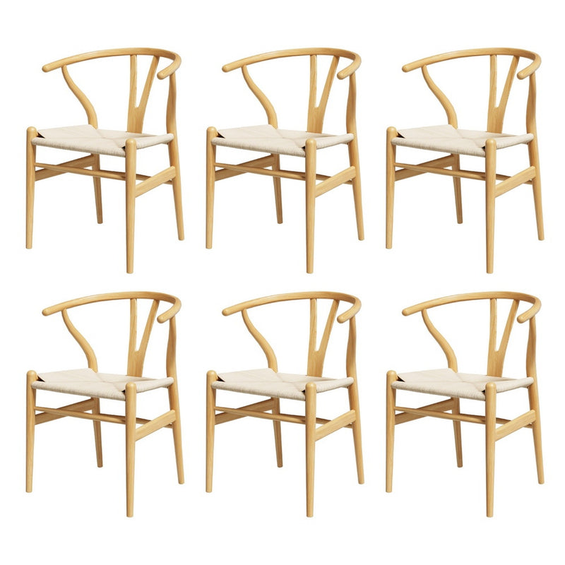 1 Set of 6 Artiss Dining Chairs Wooden Rattan Seat Wishbone Back