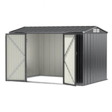 Metal garden shed with open door and a vent