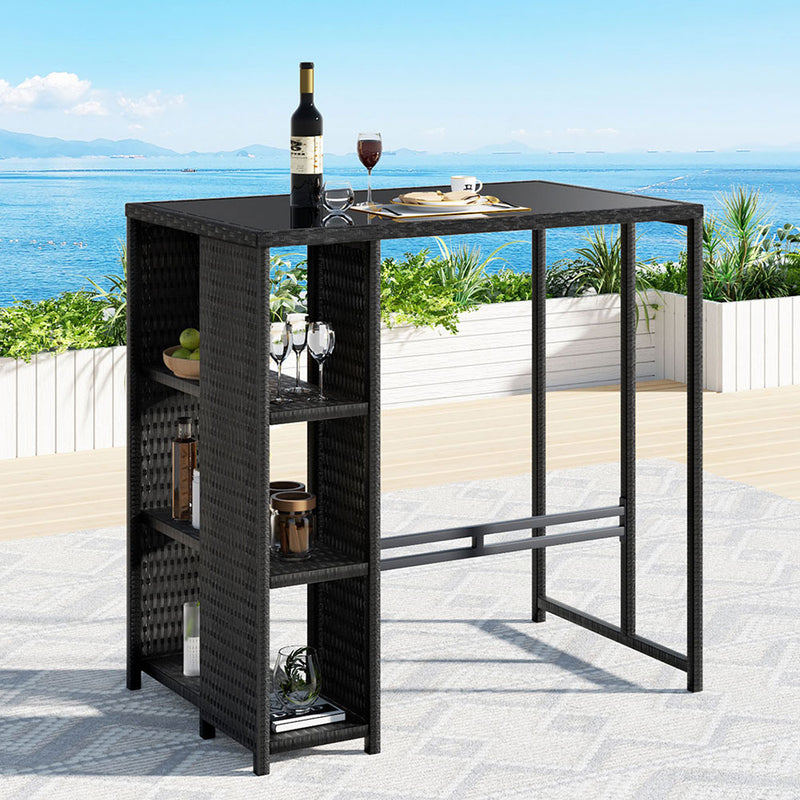 Gardeon Outdoor Bar Table Wicker Dining Bistro Glass Desk Steel Patio Furniture Black