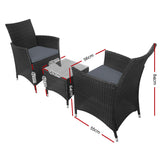 Gardeon 3PC Outdoor Bistro Set Patio Furniture Wicker Setting Chairs Table Cushion Black
