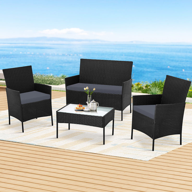 Gardeon 4-piece Outdoor Lounge Setting Wicker Patio Furniture Dining Set Black