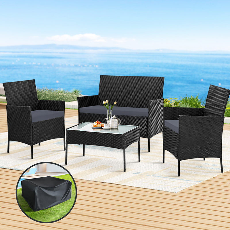 Gardeon Outdoor Furniture Lounge Setting Wicker Patio Dining Set w/Storage Cover Black