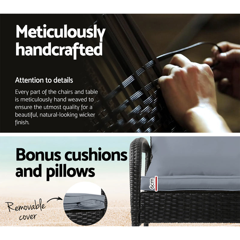 Gardeon 3PC Rocking Chair Table Wicker Outdoor Furniture Patio Bistro Set Black