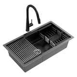 Black Stainless Steel Sink - 70x45cm - With Pull Out Mixer Tap Kitchen Basin Single Bowl