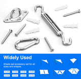 Shade sail hardware kit components including pad eyes and snap hooks